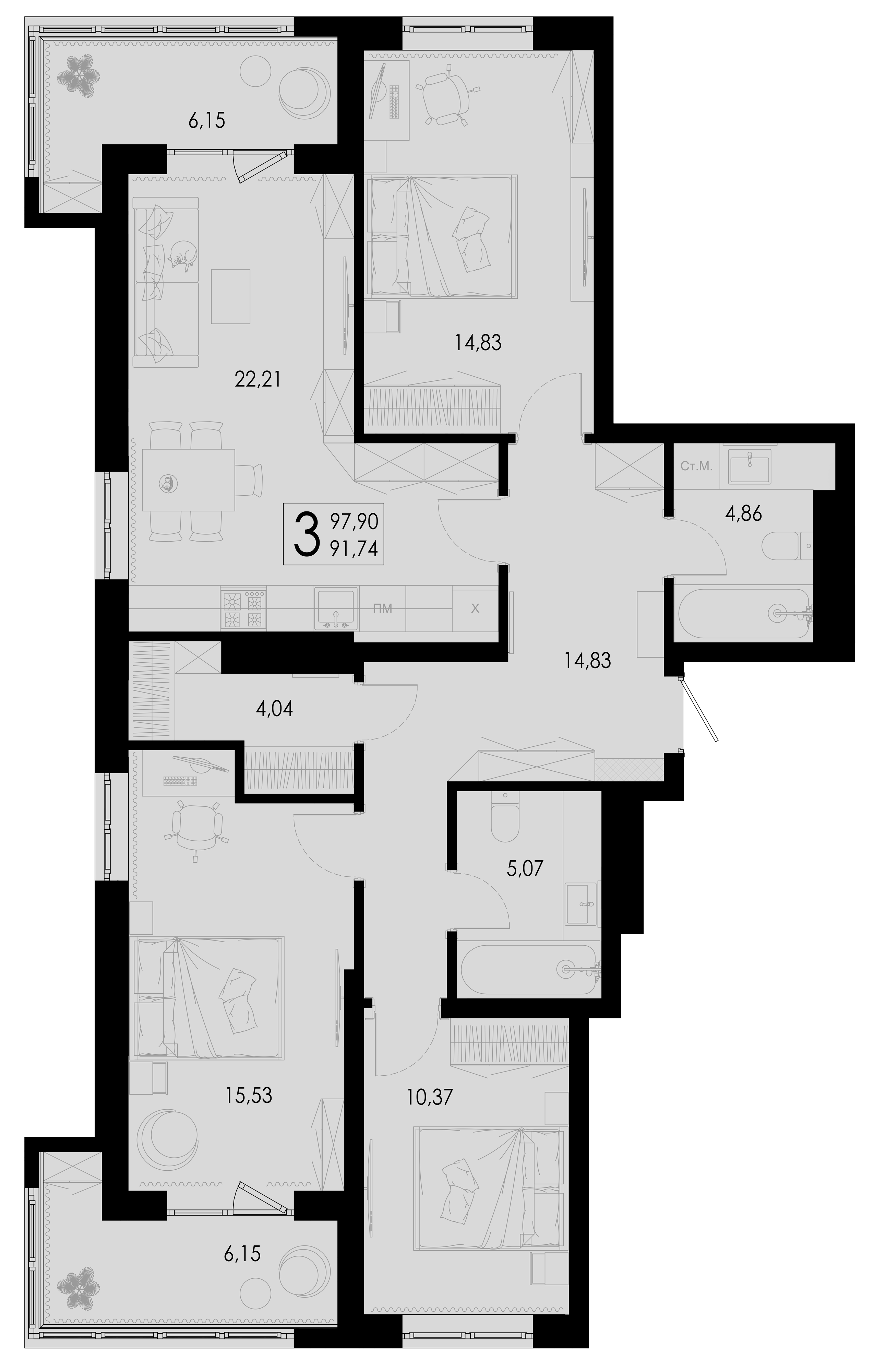 Планировка 3-комнатной квартиры №82, 97.9 м², дом Дом 4, ЖК «Цветной бульвар»