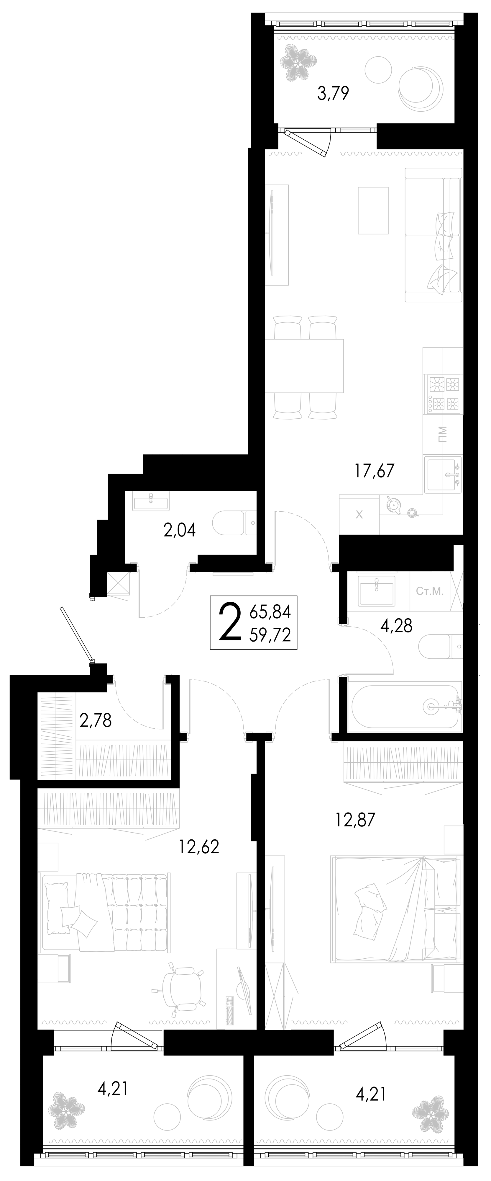 Планировка 2-комнатной квартиры №85, 65.84 м², дом Дом 4, ЖК «Цветной бульвар»