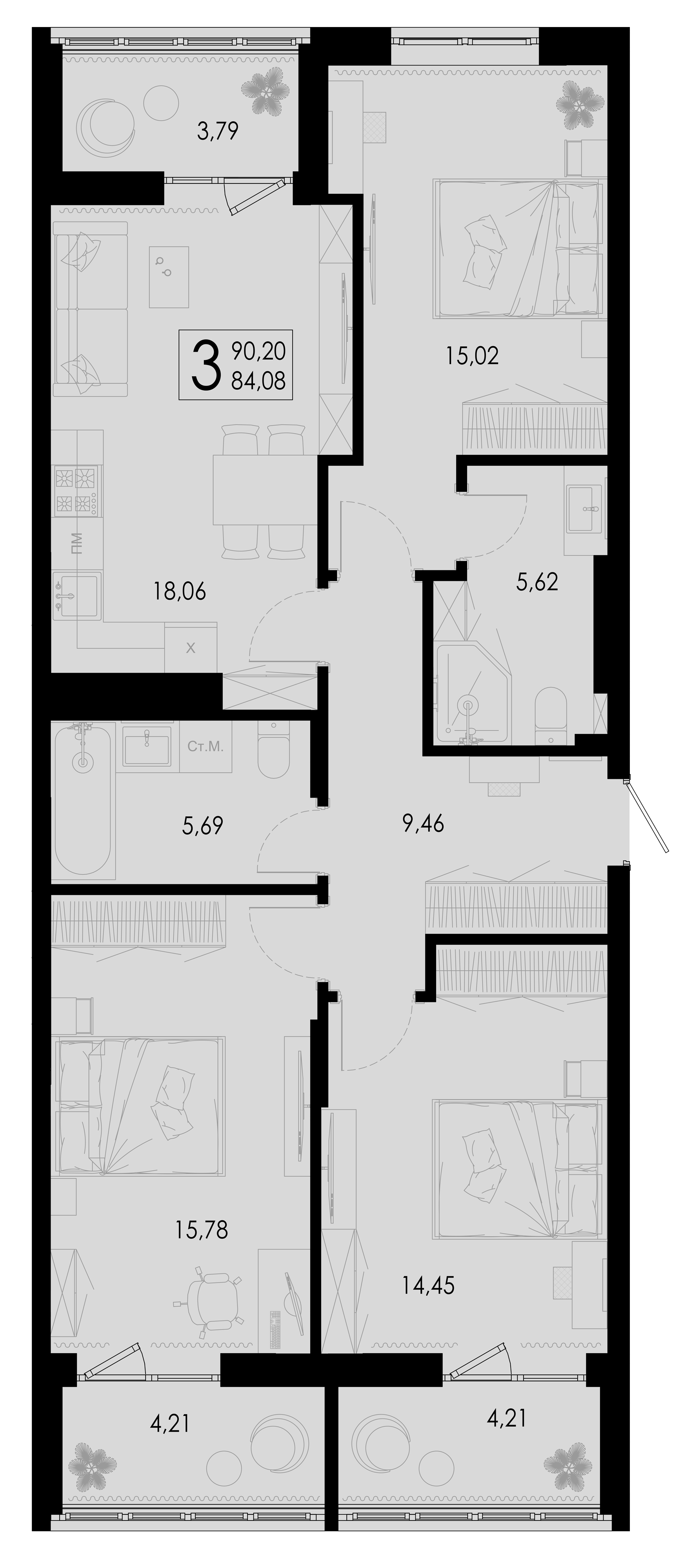 Планировка 3-комнатной квартиры №153, 90.2 м², дом Дом 4, ЖК «Цветной бульвар»