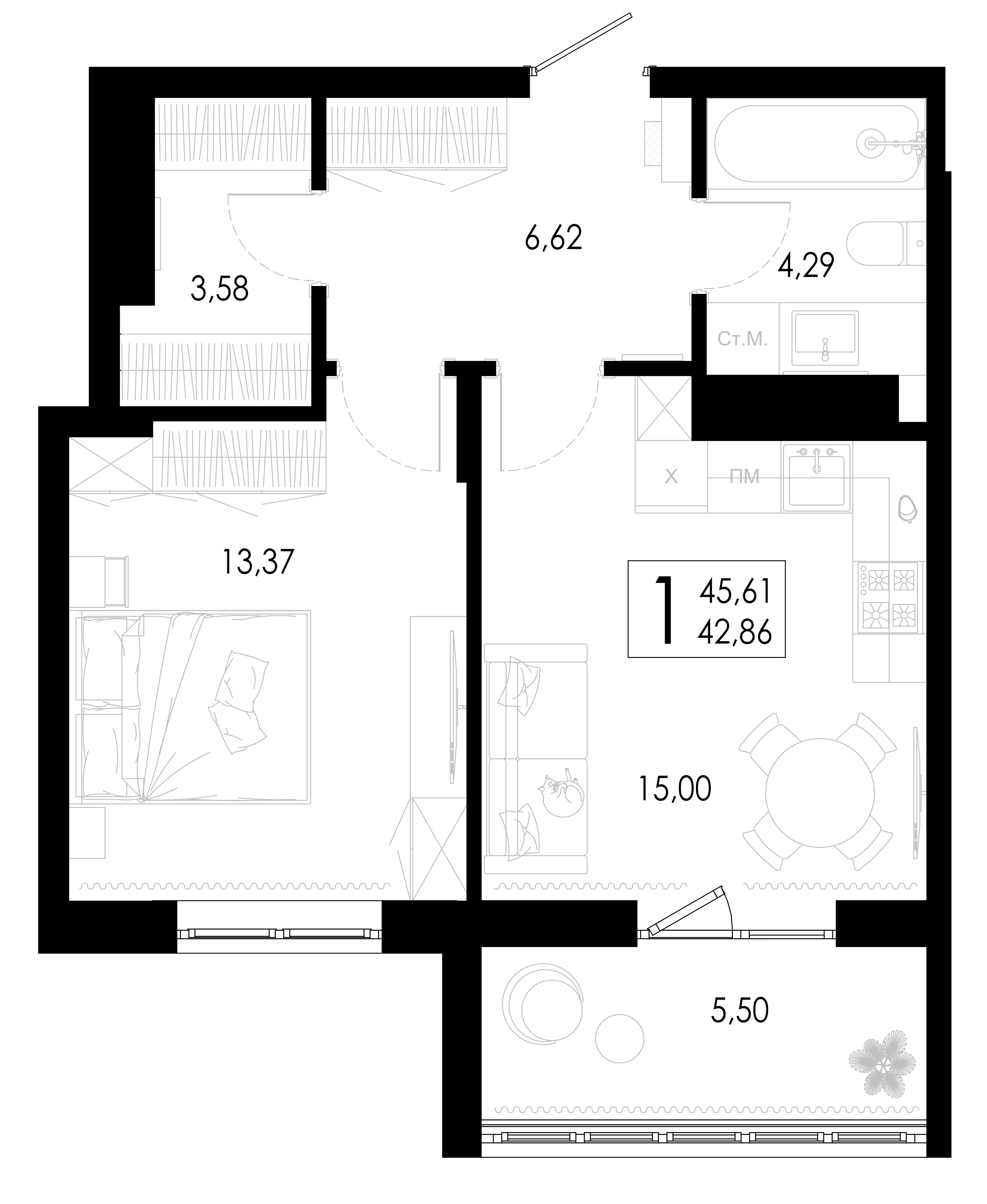 Планировка 1-комнатной квартиры №75, 45.61 м², дом Дом 4, ЖК «Цветной бульвар»
