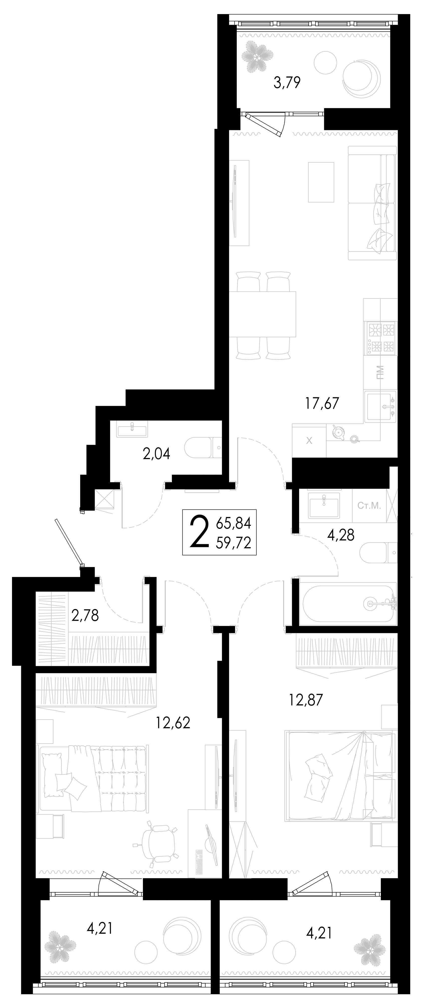 Планировка 2-комнатной квартиры №79, 65.84 м², дом Дом 4, ЖК «Цветной бульвар»